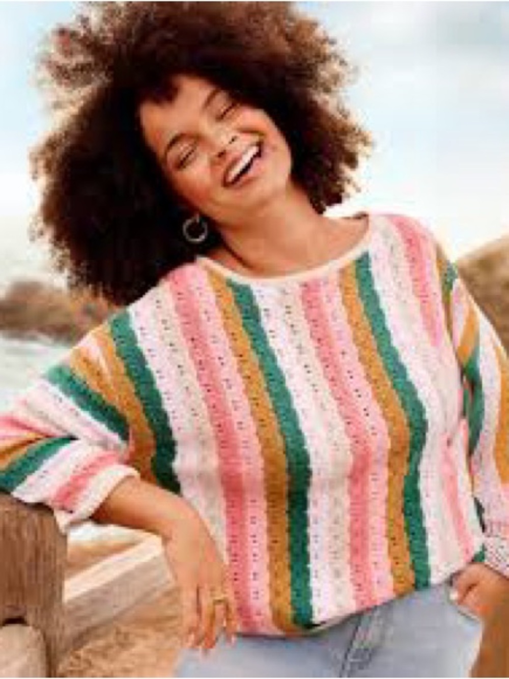 Lane Bryant Pink, Green & Gold Striped Crochet Scoopneck Sweater